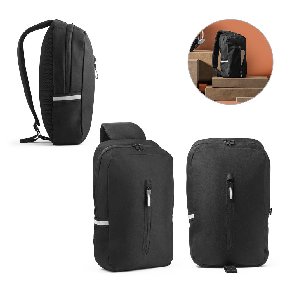 DELFOS. Rucksack mit einem Schultergurt aus 300D recyceltem Polyester und 600D recyceltem Polyester, mit 210D-Futter aus recyceltem Polyester